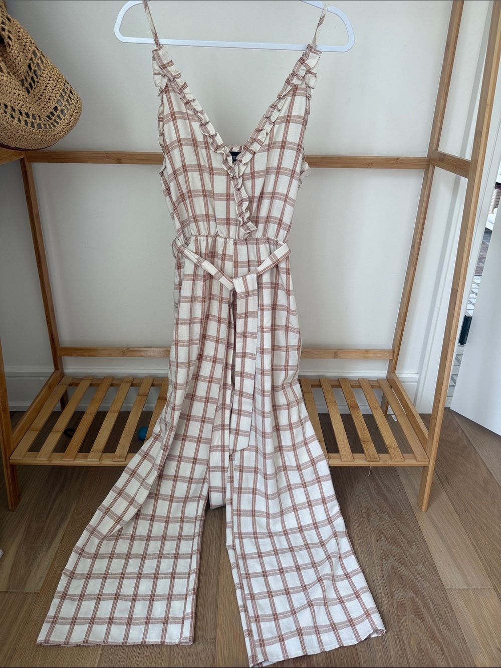 Kittenish Women’s Cream & Brown Plaid Jumpsuit with Waist Tie
